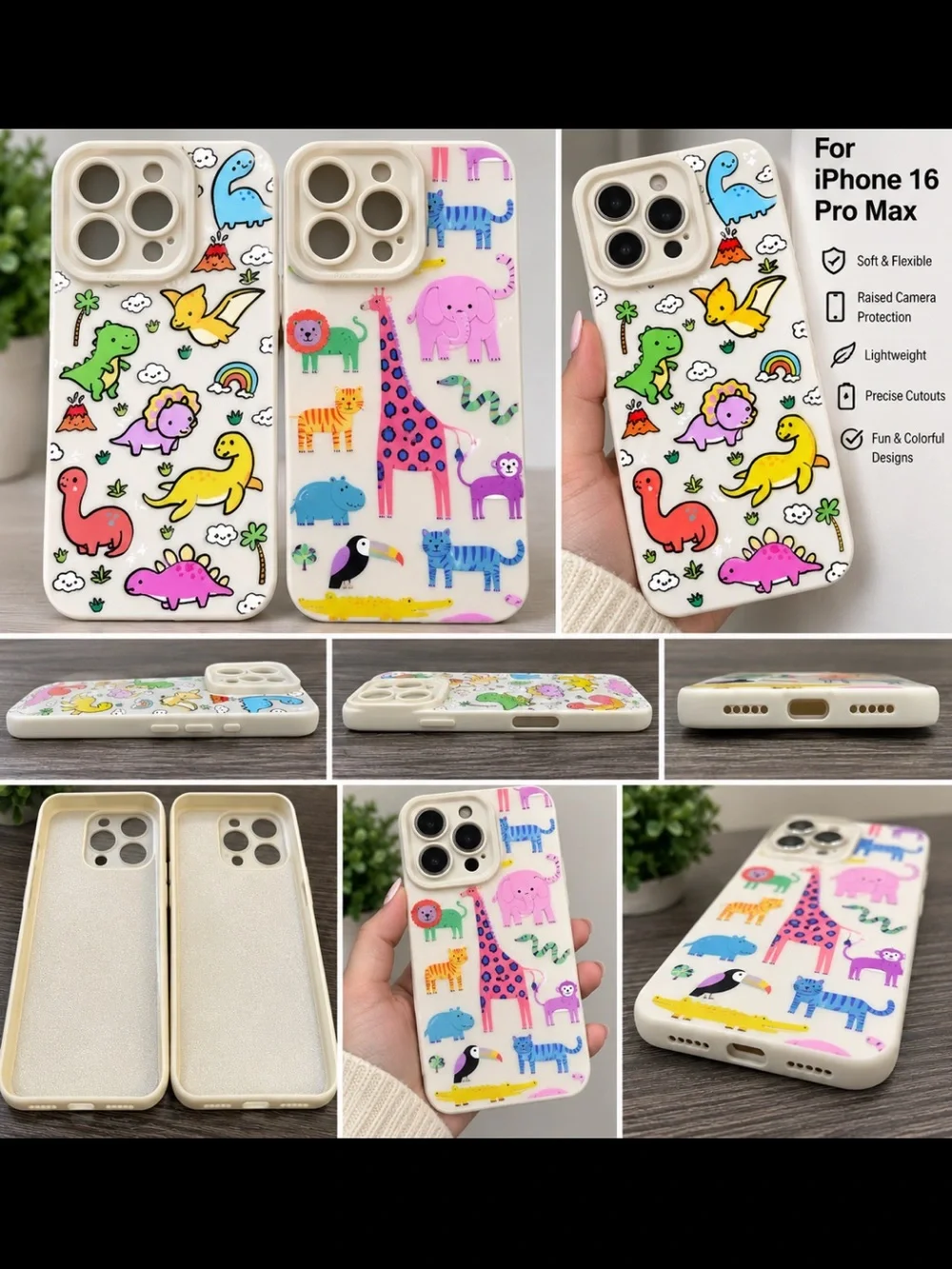 iPhone 16 Pro Max Case Soft Flexible TPU Dinosaur Safari, Animal Print